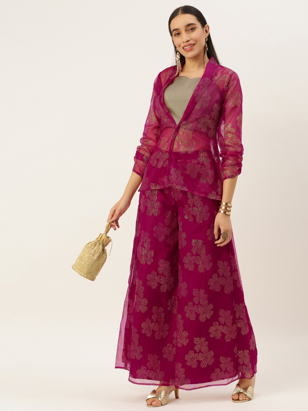 Ethnovog Ready To Wear Pink Organza Palazzo N Jacket Co Ords Set