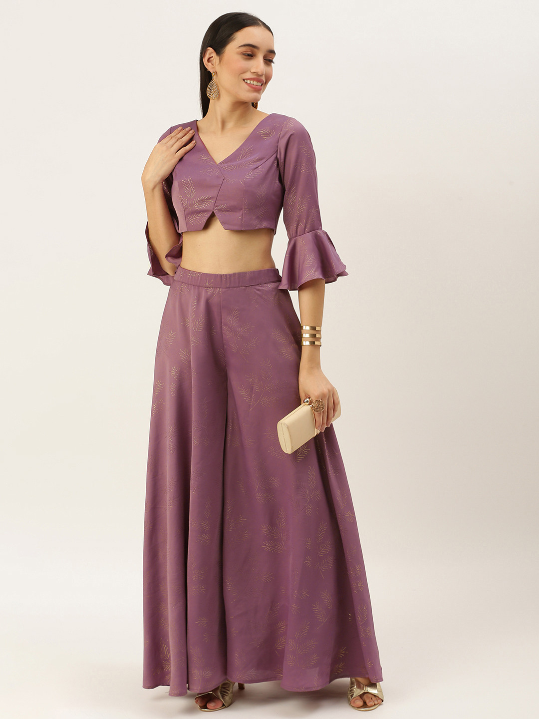 Ethnovog Ready To Wear Mauve Satin Blend Foil Printed Co Ords Set