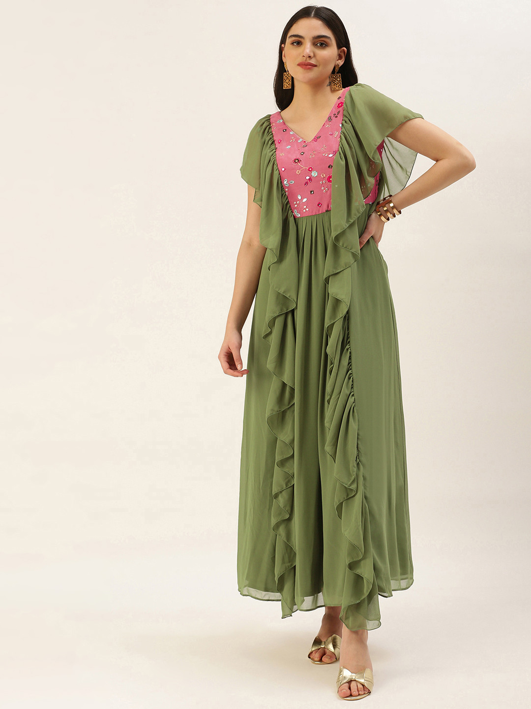Ethnovog Ready To Wear Green N Rouge Pink Chinon Ruffles Gown