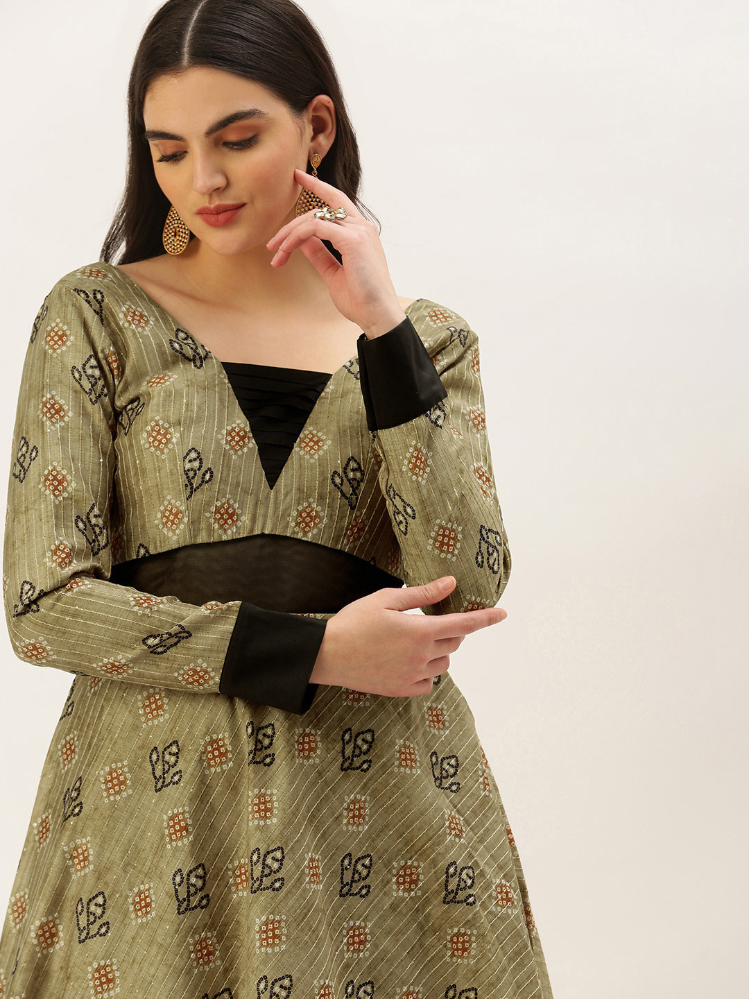 Ethnovog Ready To Wear Green Printed Art Silk Cotton Gown