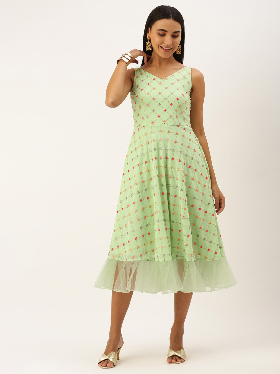 Ethnovog Green Floral Embroidered Georgette Midi Dress