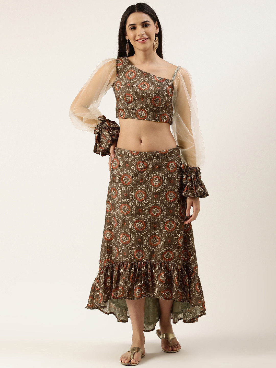 Ethnovog Grey Printed Thread Work Ready to Wear Lehenga Choli