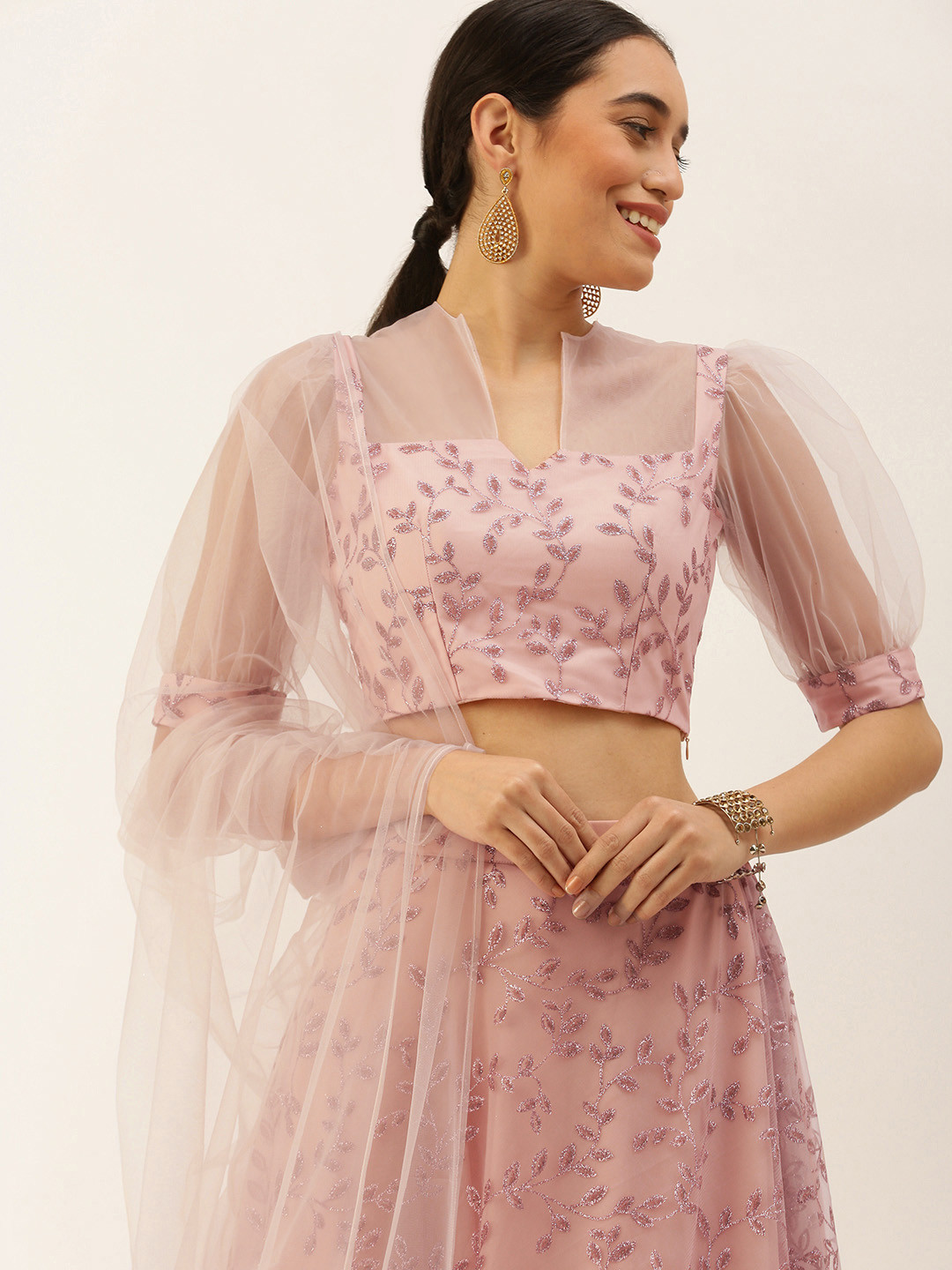 Ethnovog Foil Print Net Ready to Wear Lehenga  Blouse With Dupatta