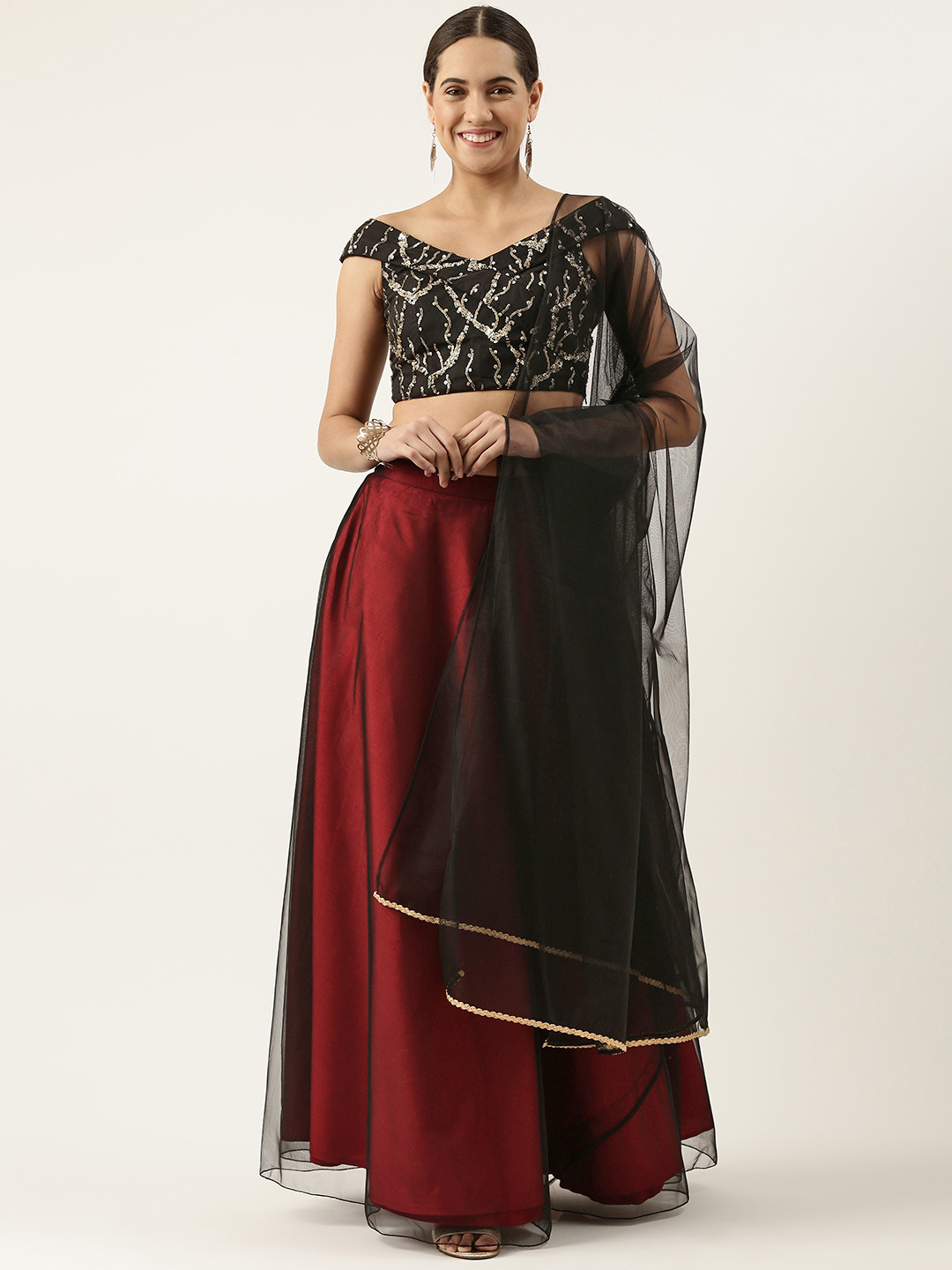 Ethnovog Ready To Wear Black Net Sequins Embroidery Lehenga Set