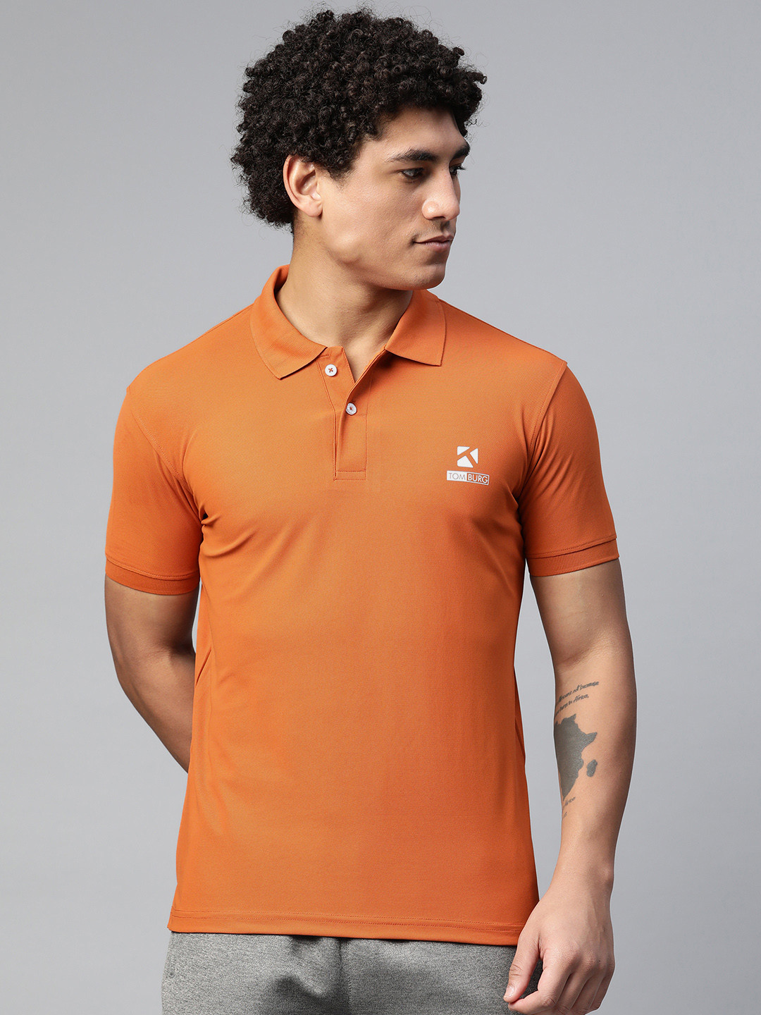 TOM BURG Men Orange Brand Logo Printed Polo Collar Antimicrobial T-shirt