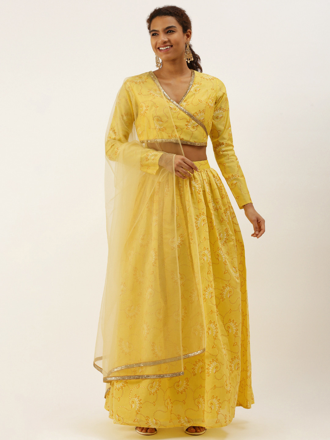 Ethnovog Foil Print Sequinned Ready to Wear Lehenga  Blouse With Dupatta