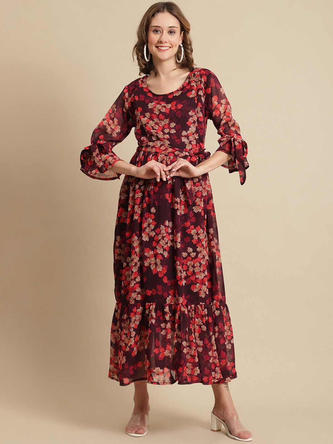 Moms Maternity Women Burgundy & Pink Floral Printed Georgette Maternity Maxi Dress