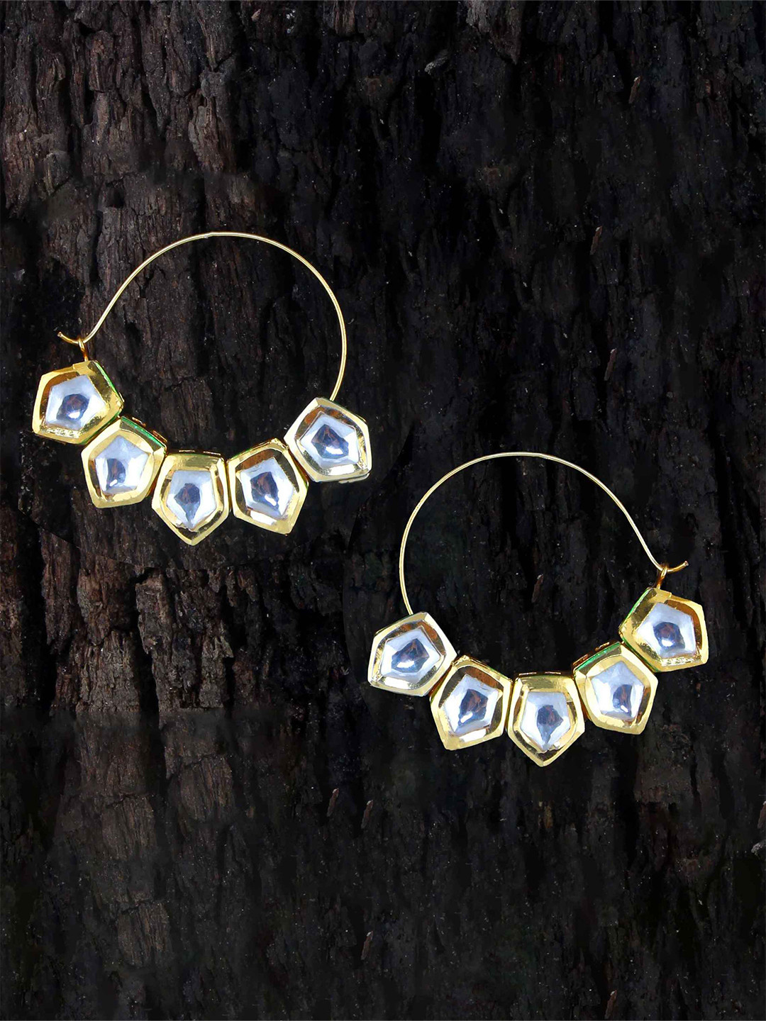 LUCKY JEWELLERY White & Gold-Toned 18K Gold-Plated Geometric Hoop Earrings
