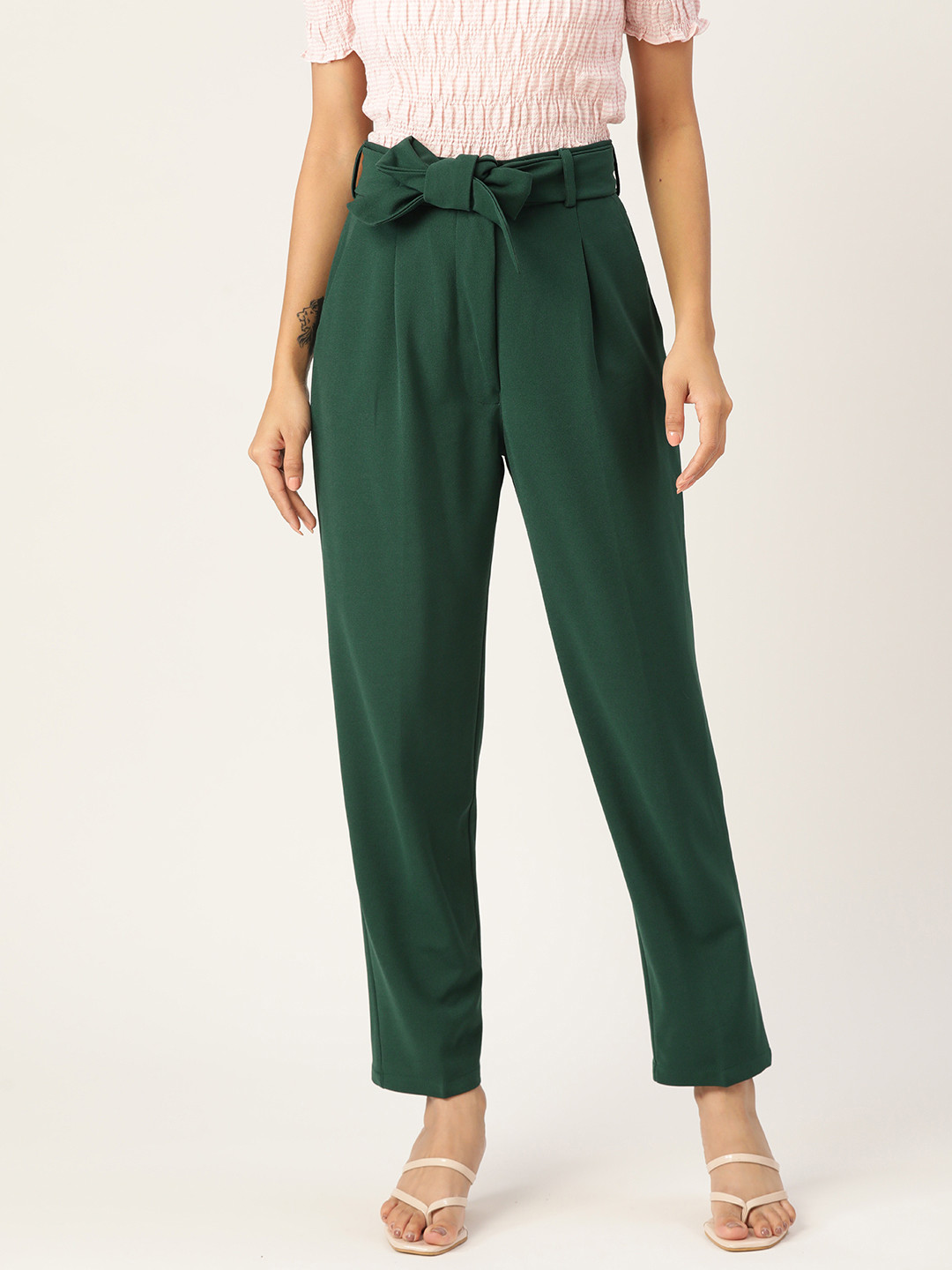 Zastraa Women Green Smart Tapered Fit High-Rise Pleated Trousers