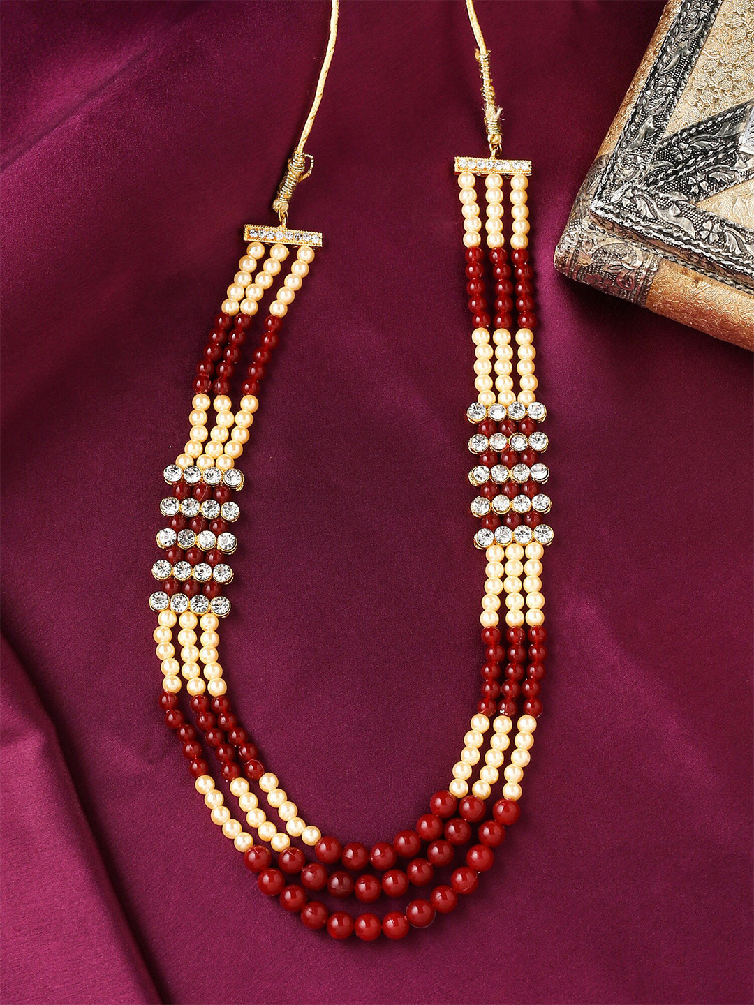 Yellow Chimes Men Red White Beads Multi Layer Dulha mala Necklace