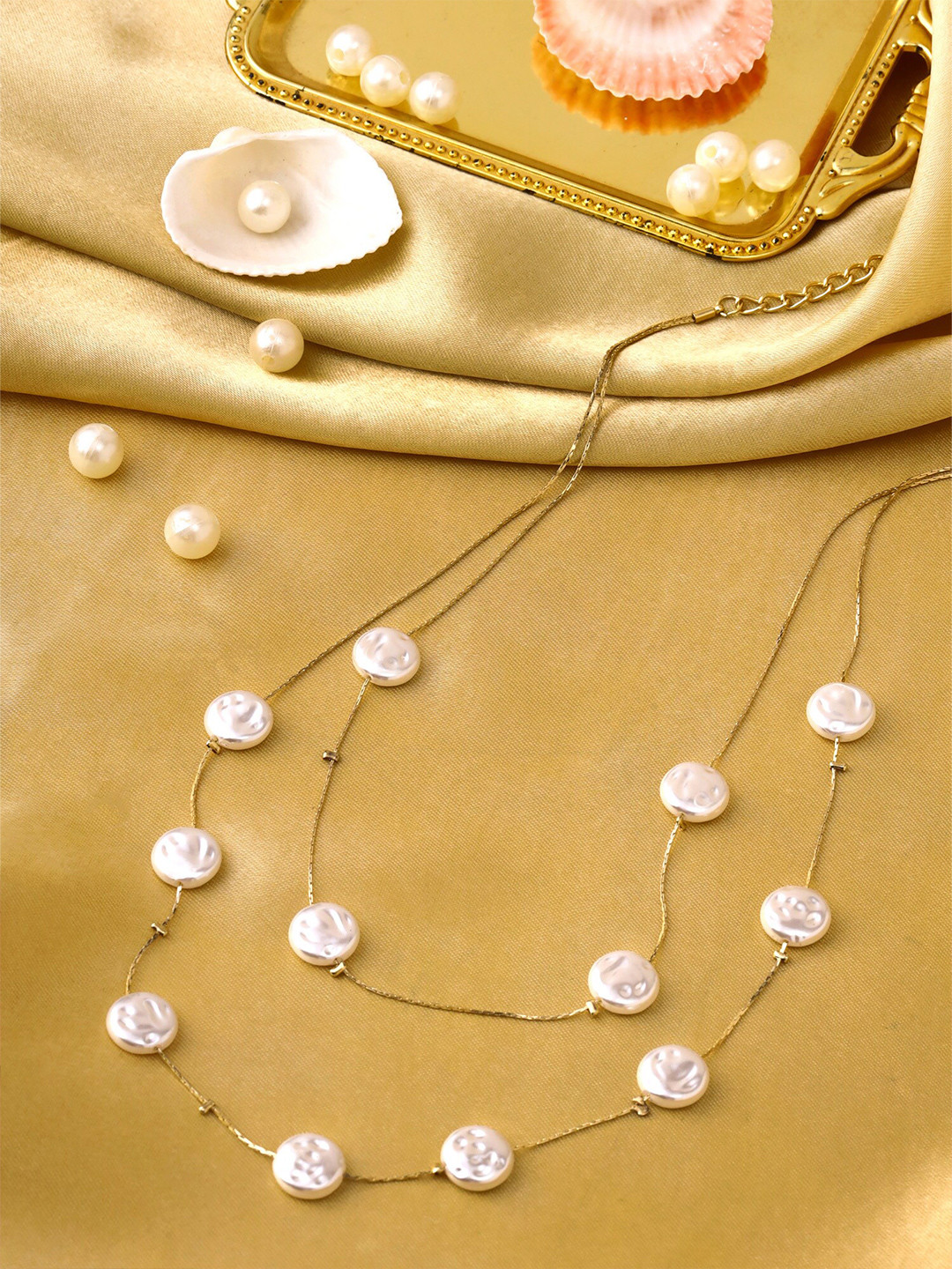Yellow Chimes Gold Tone Layered Pearl Bead Studded Dainty Necklace