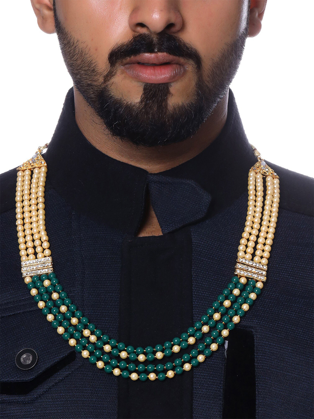 Yellow Chimes Men Gold White Beads Multi Layer Dulha mala Necklace