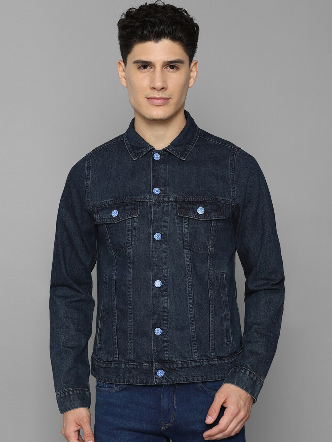 Allen Solly Sport Men Navy Blue Cotton Washed Denim Jacket
