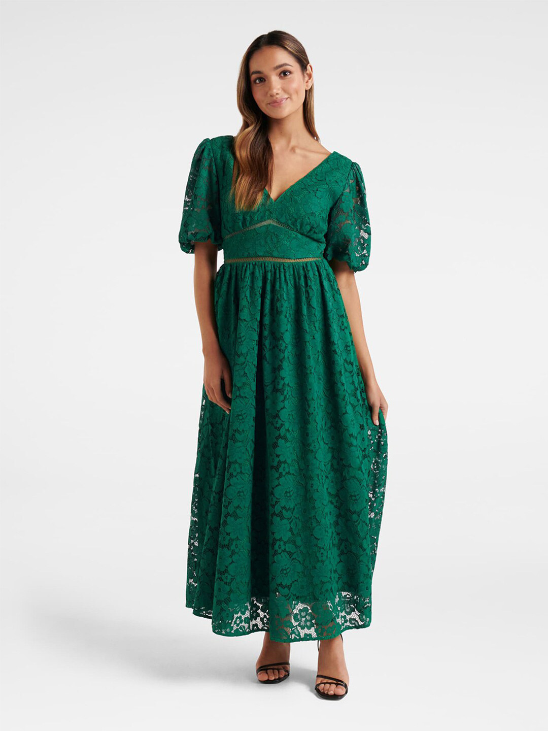 Forever New Women Green Self Design V-Neck Fit and Flare Dress