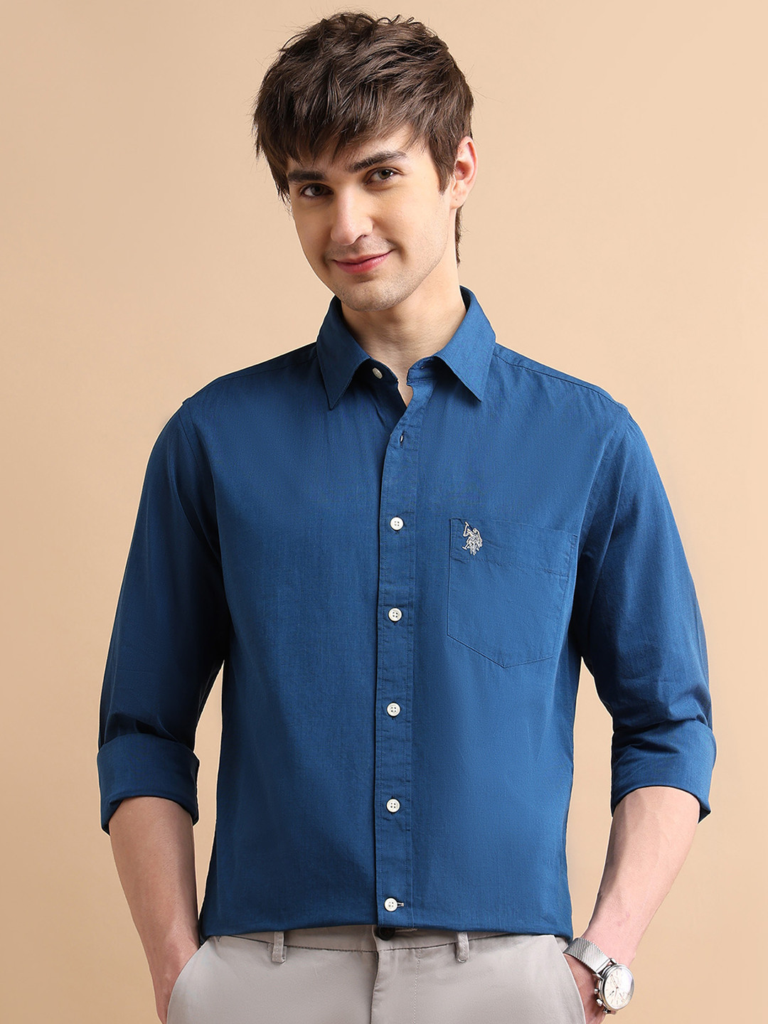 U S Polo Assn Men Blue Cotton Textured Cotton Shirt