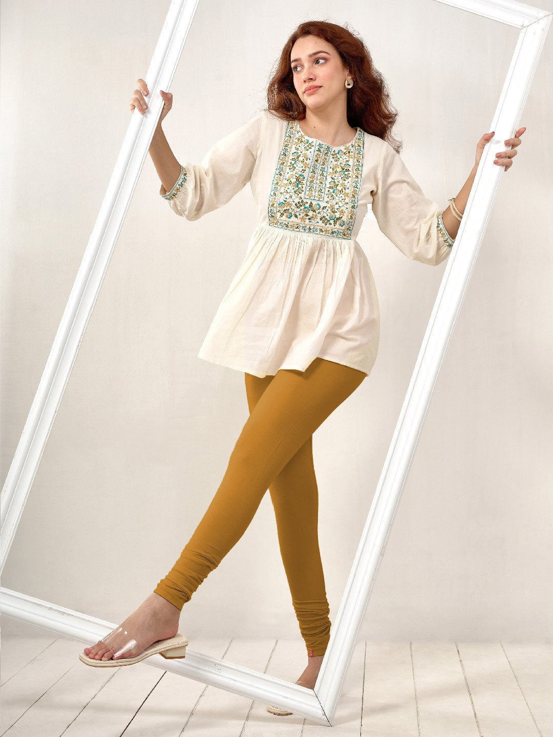 LYRA Women Golden Yellow Solid Churidar Length Leggings