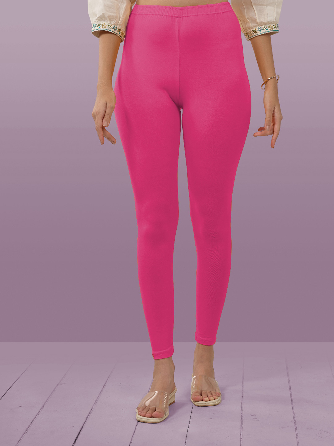 LYRA Women Pink Solid Cotton Ankle-Length Leggings