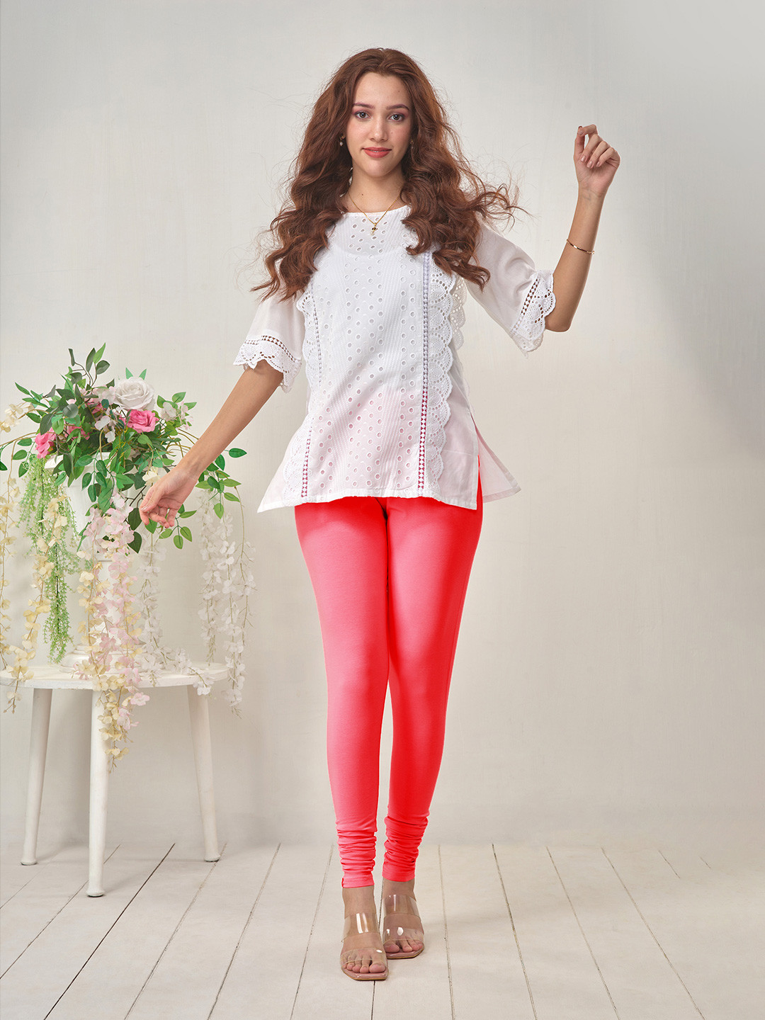 LYRA Women Pink Solid Churidar Length Leggings
