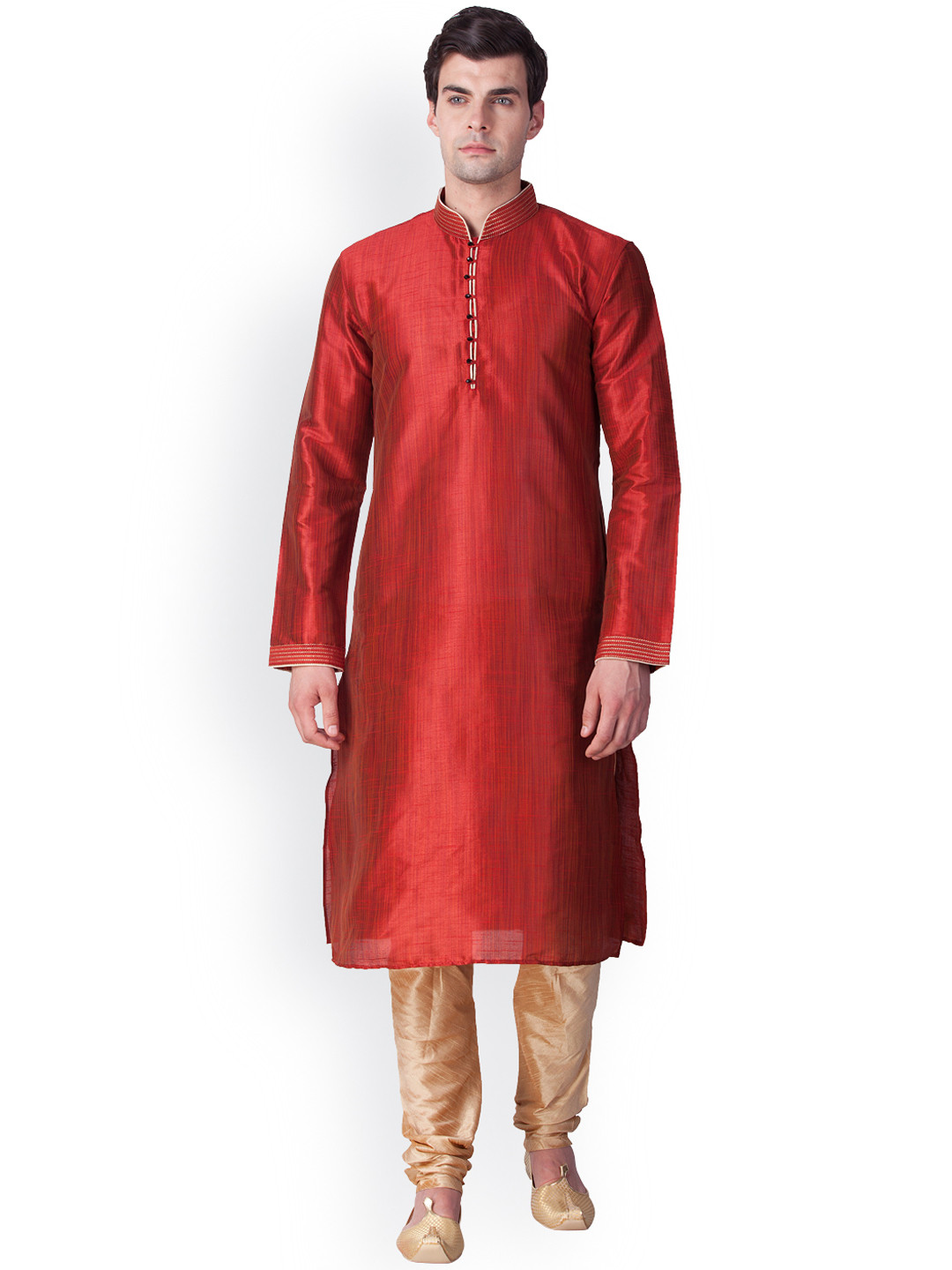 SYONN Men Red & Beige Self-Design Kurta with Pyjamas