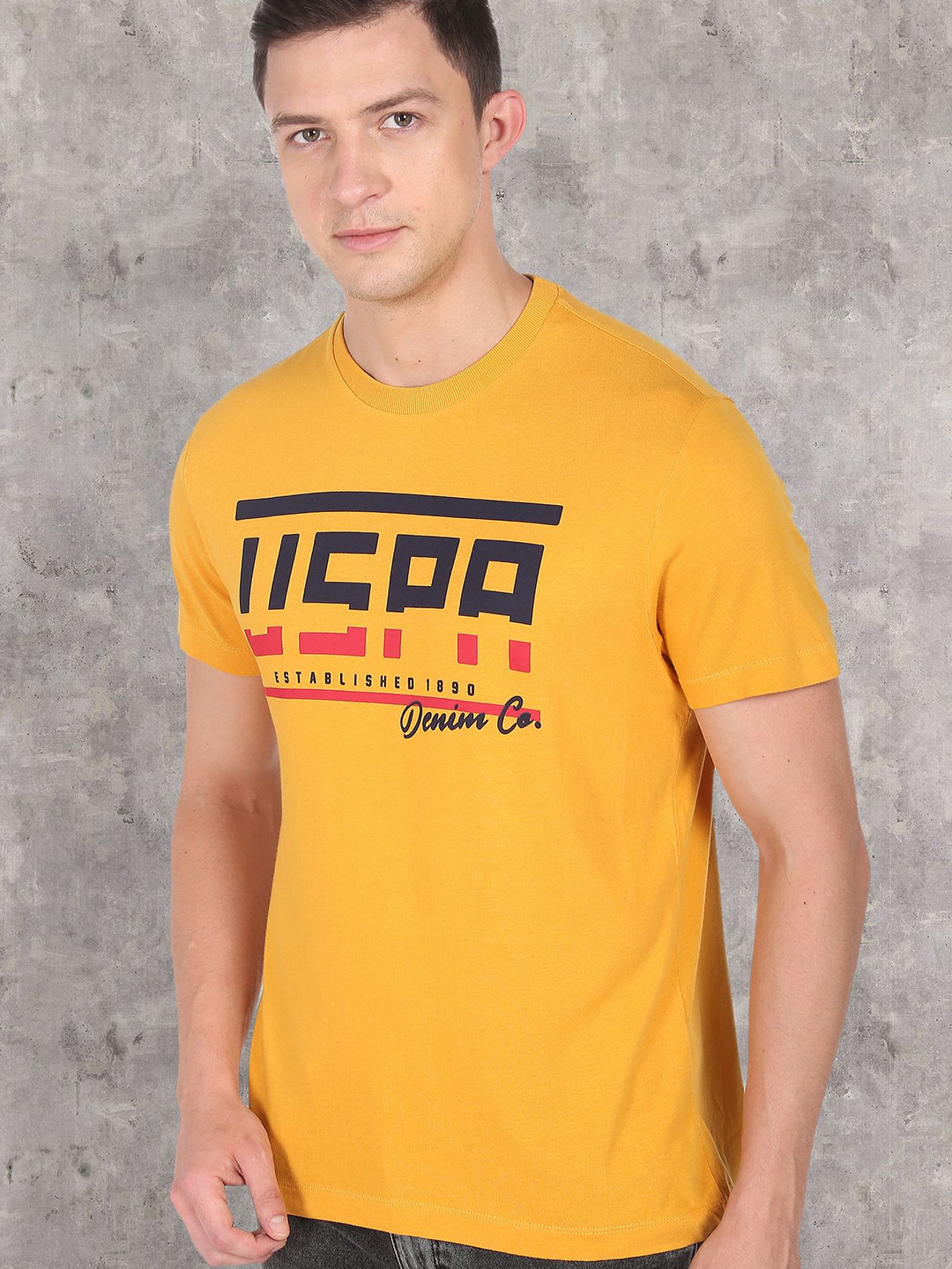 U S Polo Assn Denim Co Men Mustard Brand Print T-Shirt