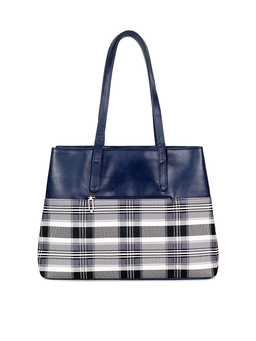 THE CLOWNFISH Gloria Navy Blue Checked Shopper Shoulder Bag