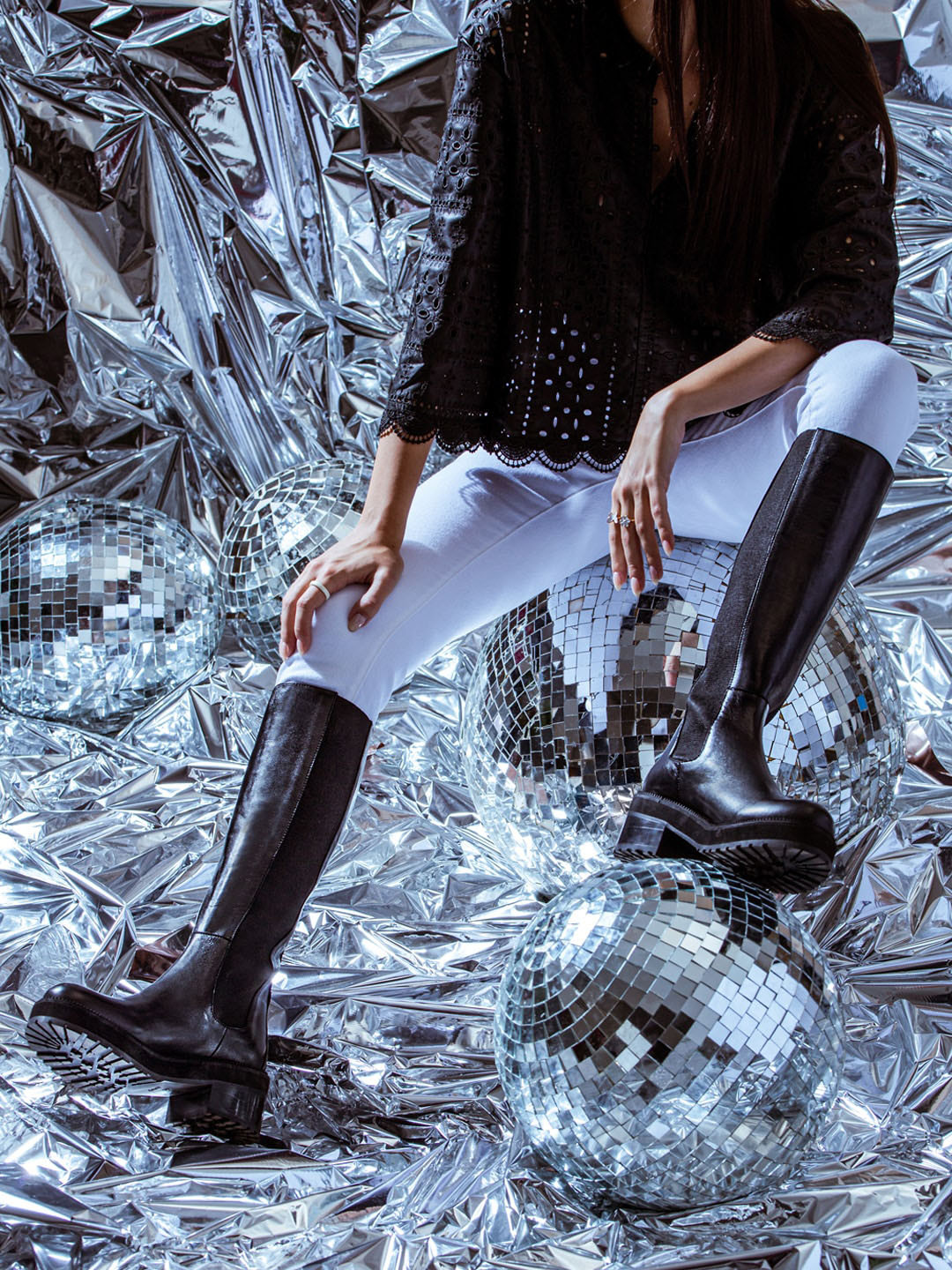 Saint G Women Black Solid Leather Long Winter Boots