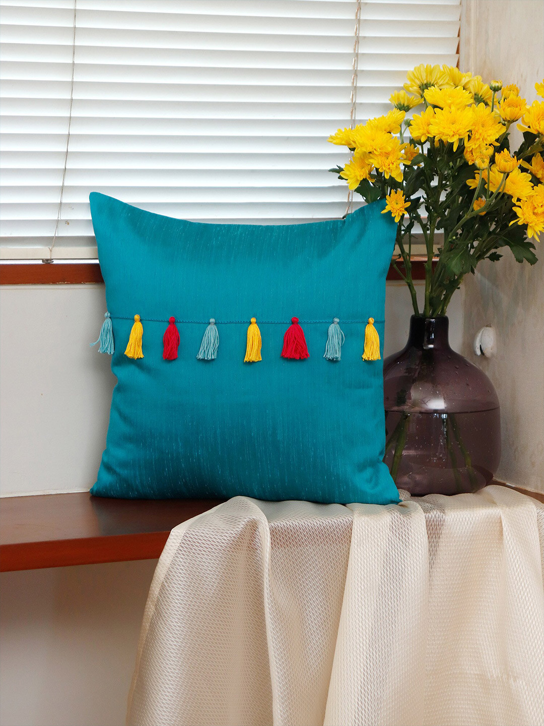 ZEBA Tassels Blue Polyester Blend Anti-Wrinkle Square Cushion Cover -16x16In