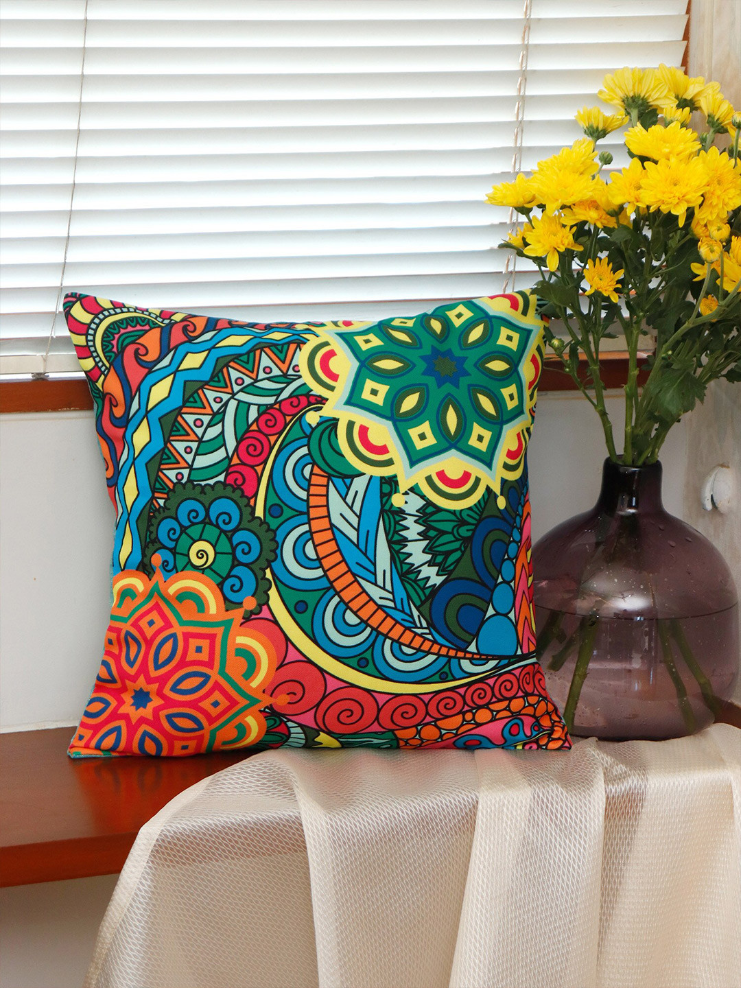 ZEBA Bohemian Blue Floral Polyester Anti-Wrinkle Square Cushion Cover -16x16In