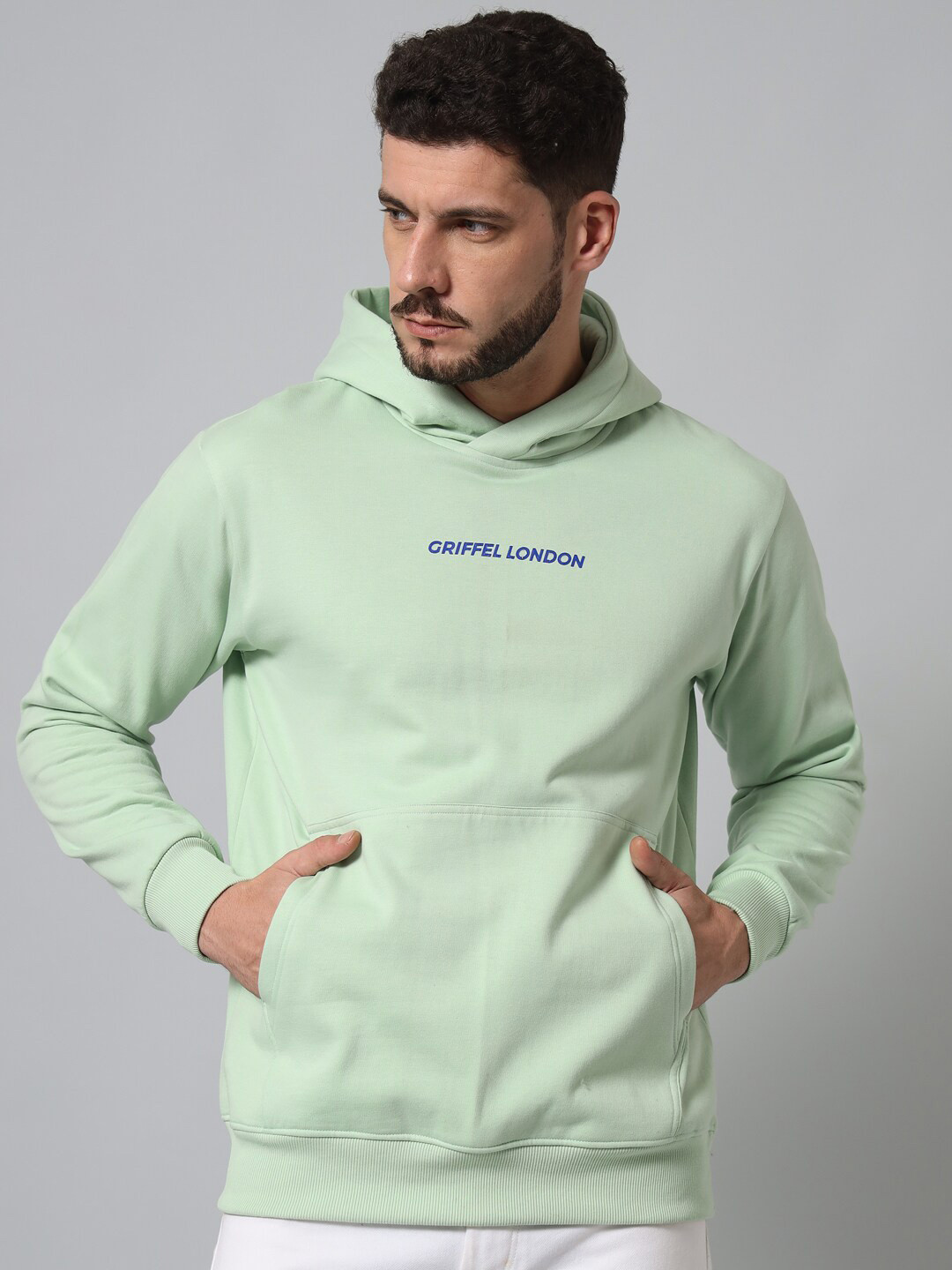 GRIFFEL Men Sea Green Printed Hooded Sweatshirt