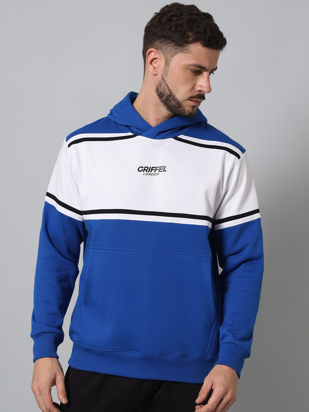 GRIFFEL Men Blue & WhitwColourblocked Hooded Sweatshirt