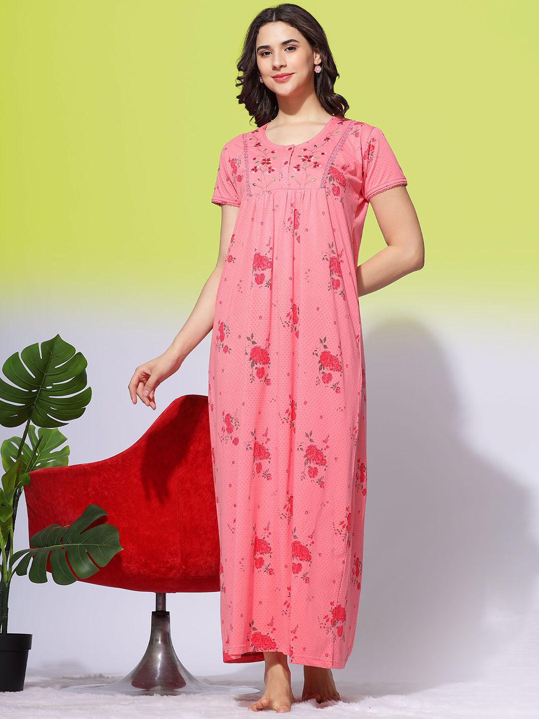9shines Label Women Pink Pure Cotton Printed Maxi Nightdress
