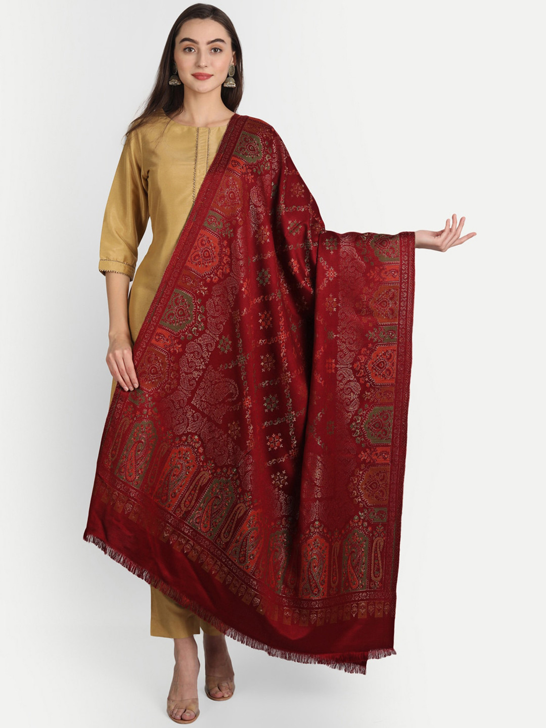 HK colours of fashion Women Maroon Ethnic Motifs Woven-Design Shawl