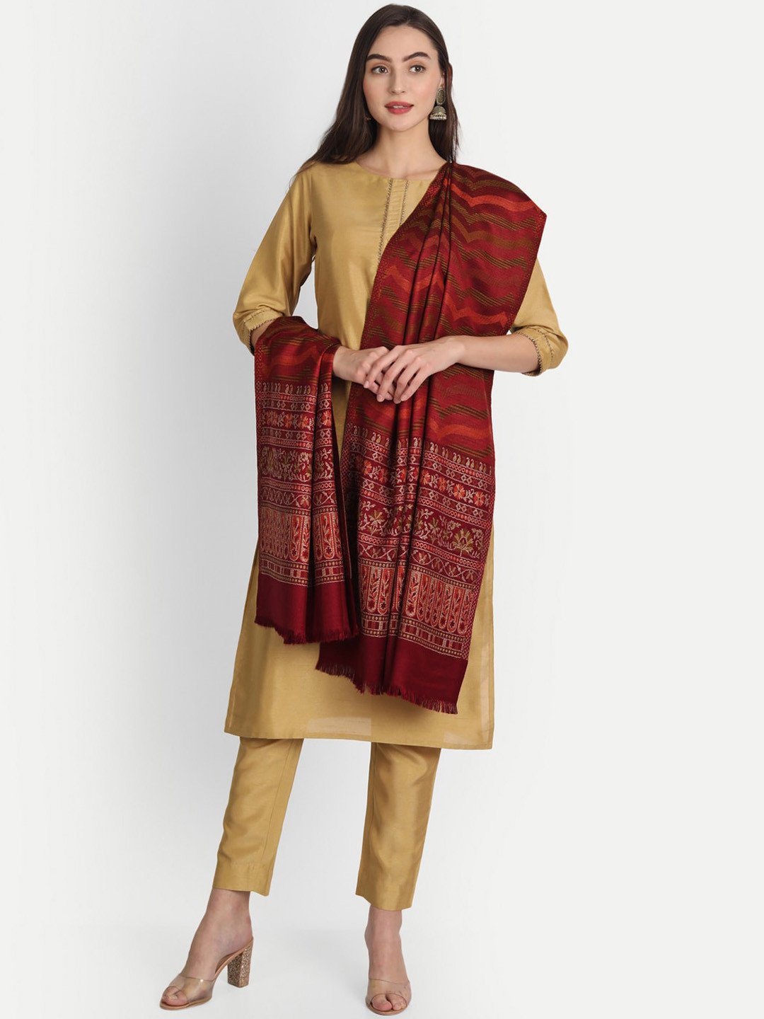 HK colours of fashion Women Maroon Woven-Design Wool Shawl