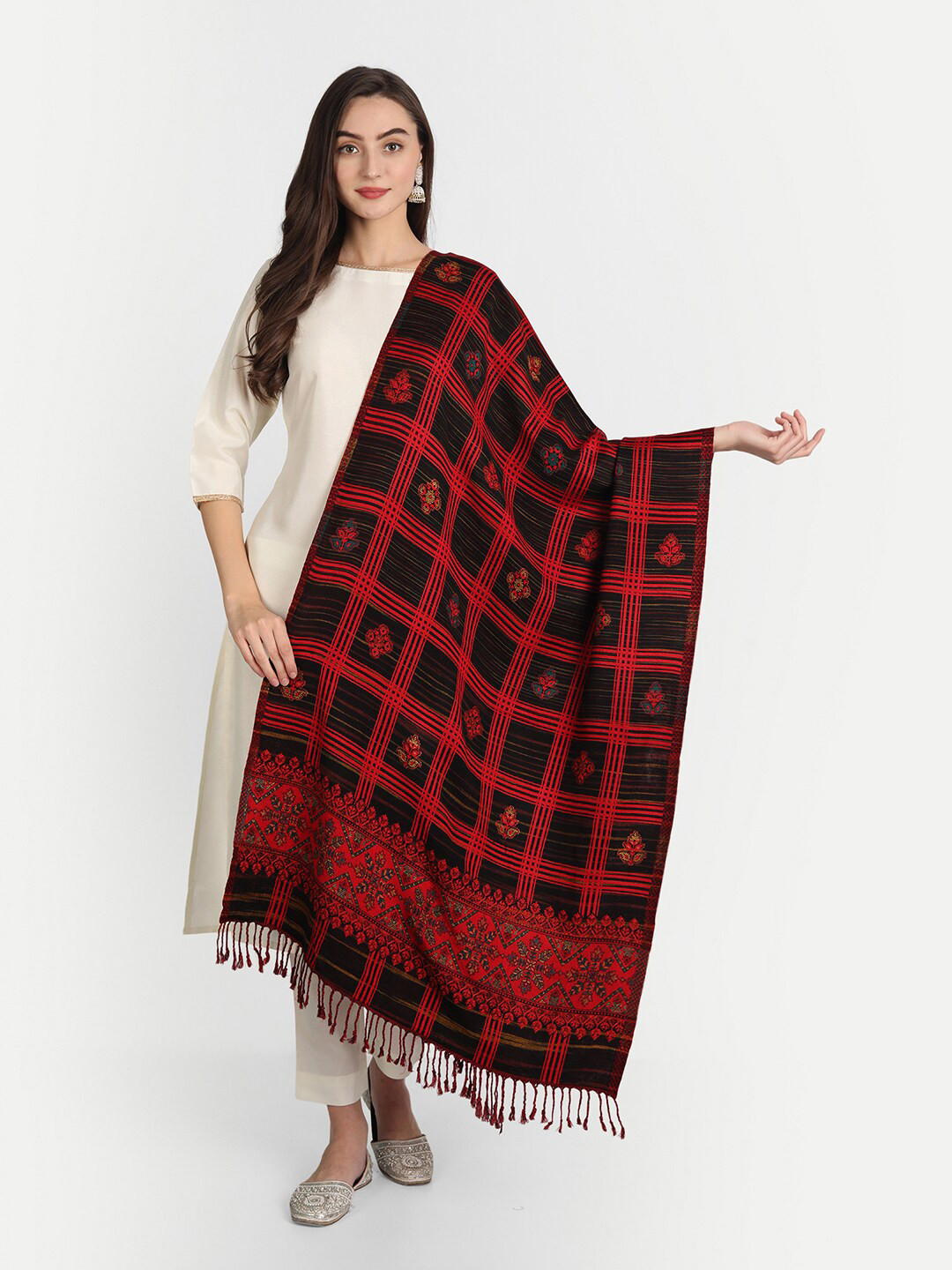 HK colours of fashion Women Black & Red Woven Design Stole