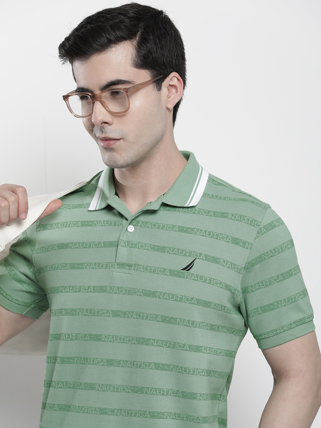 Nautica Brand Logo Striped Polo Collar Pure Cotton T-shirt