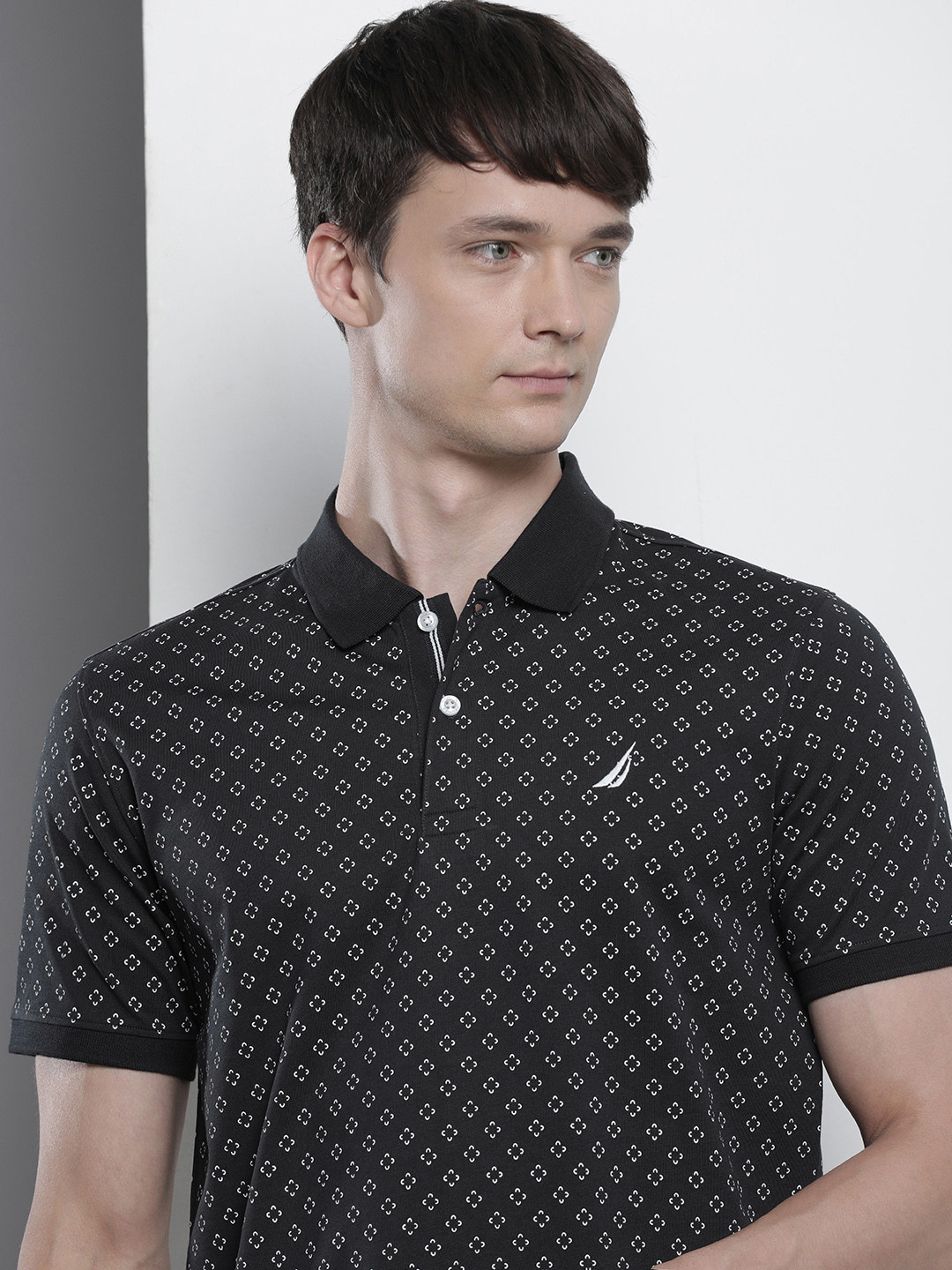 Nautica Geometric Printed Polo Collar Pure Cotton T-shirt