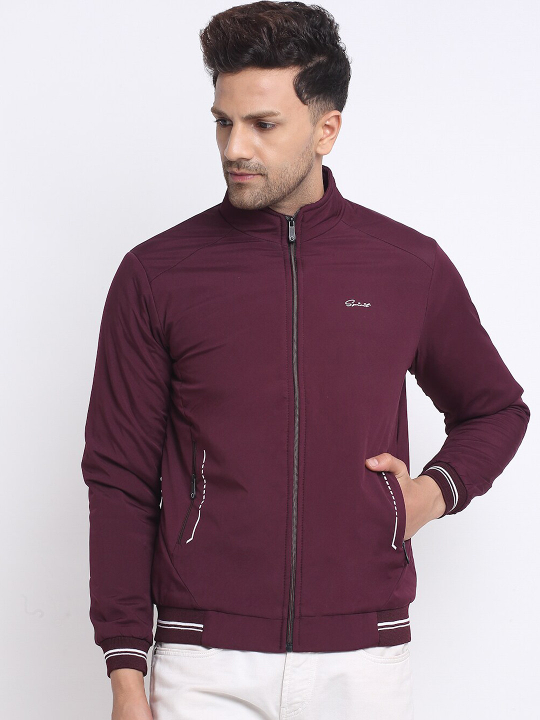 Spirit Men Maroon Solid Padded Jacket