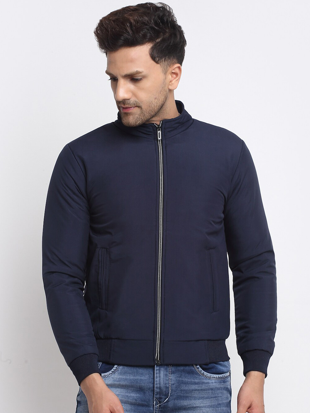 Spirit Men Navy Blue Mock Collar Bomber Jacket