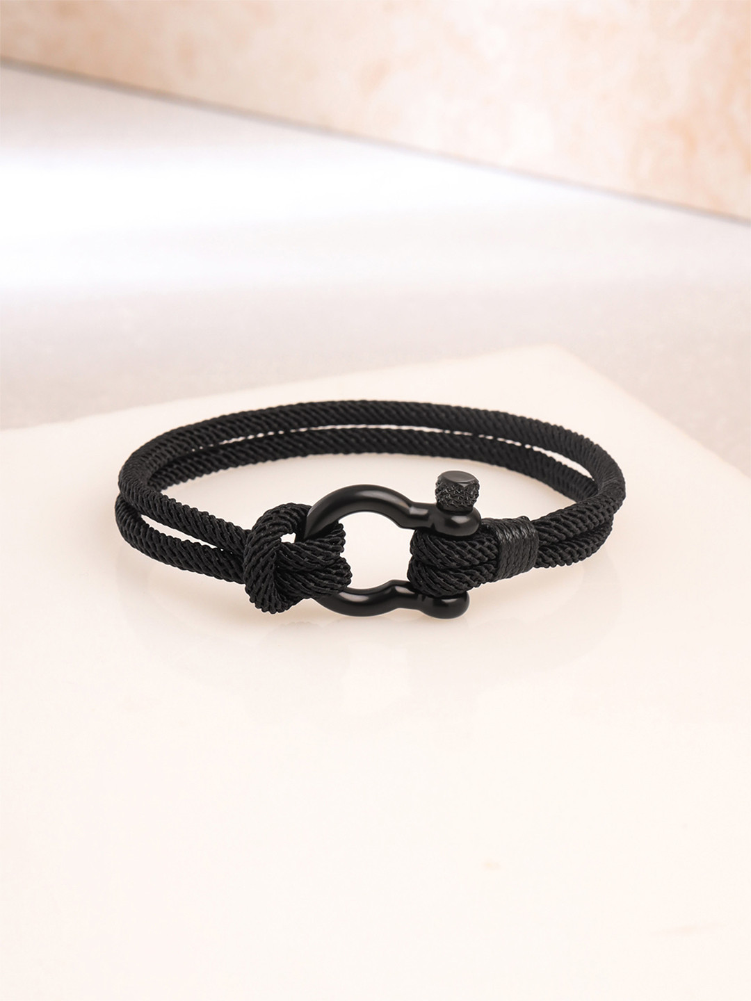 Yellow Chimes Men Black Leather Rope Design Bracelet