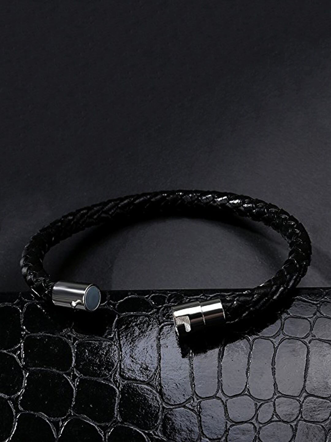 Yellow Chimes Men Brown and Black Silcon Type PU Leather Bracelet Set