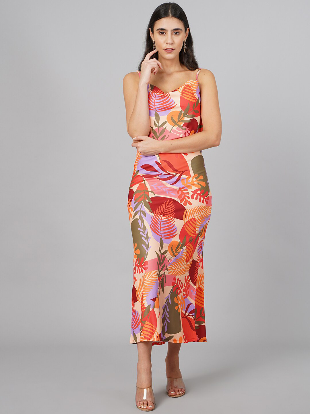 SCORPIUS Red & Green Floral Satin Maxi Maxi Dress