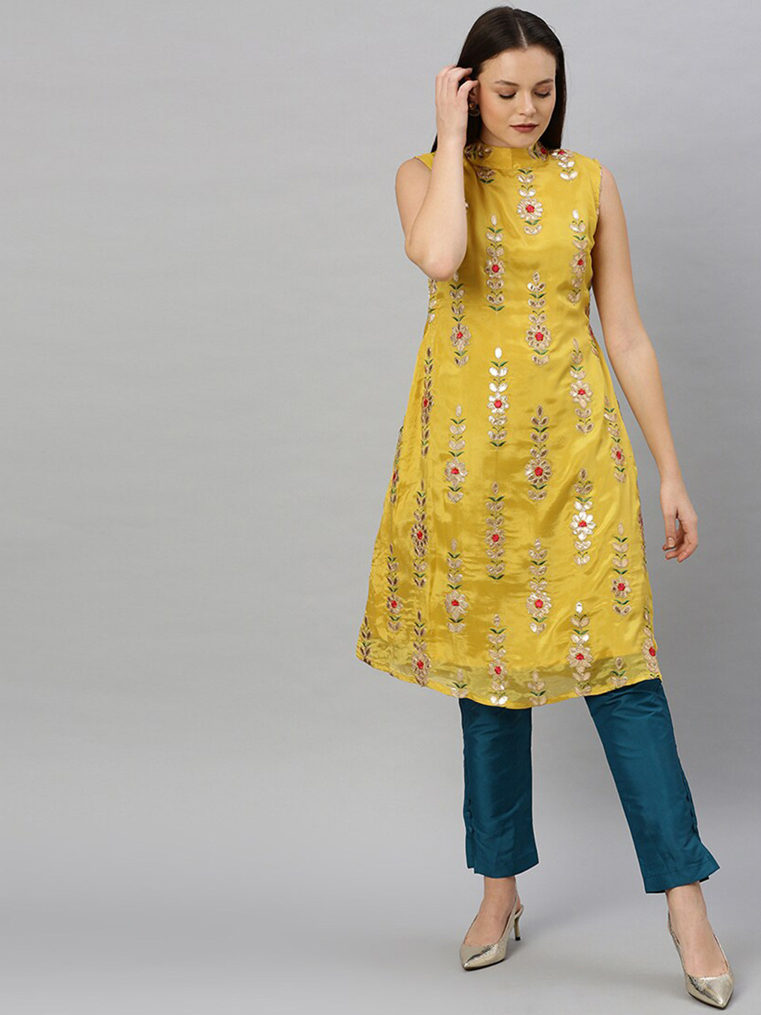 Ethnovog Women Yellow Floral Embroidered Thread Work Kurti with Trouser