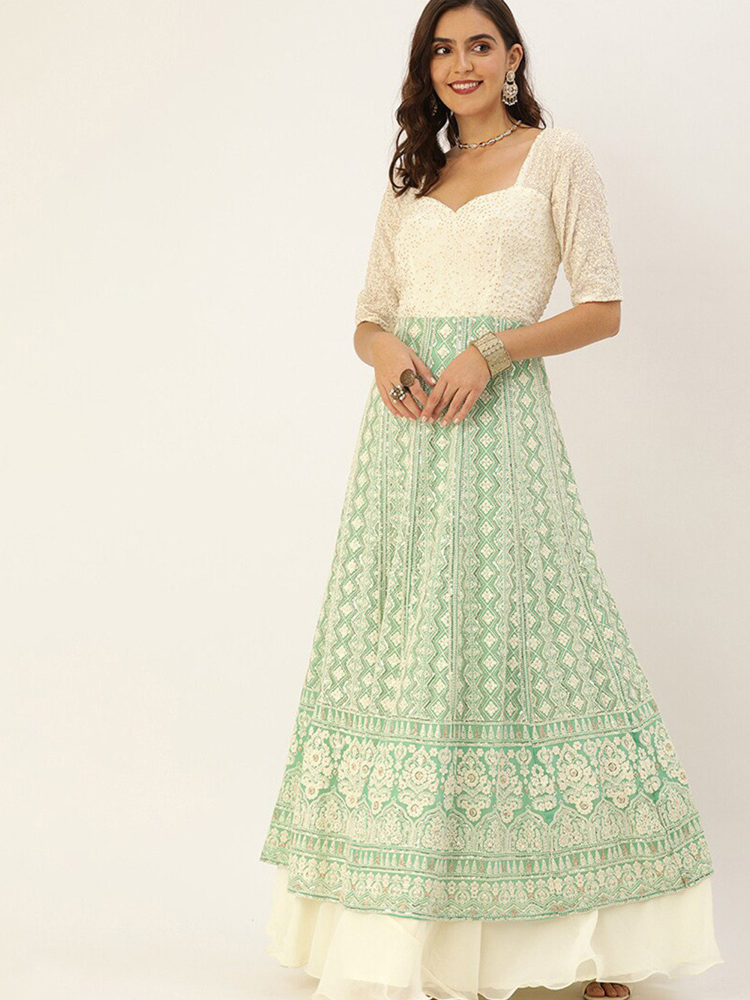 Ethnovog Green  Off White Floral Embroidered Maxi Dress