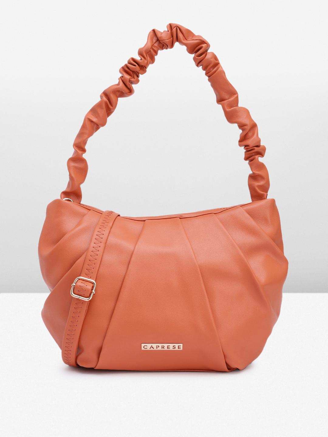 Caprese Solid Structured Shoulder Bag With Pleated Detail