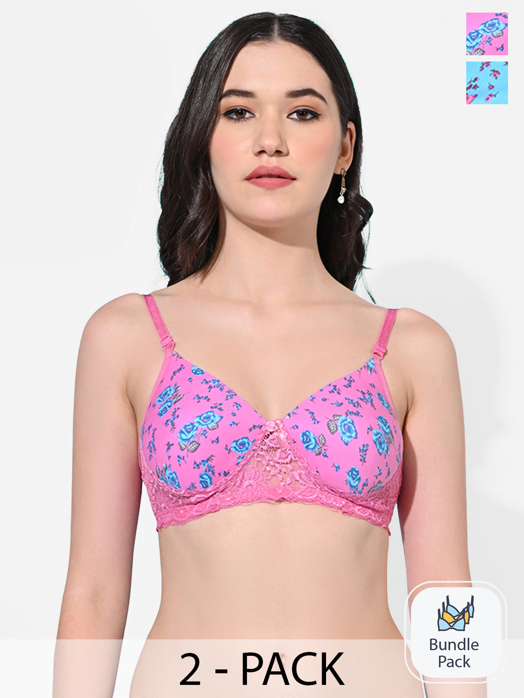 FIMS Pack of 2 Blue & Pink Floral Printed Dry Fit Lightly Padded Bra MTR_Printed_Pad_Bra