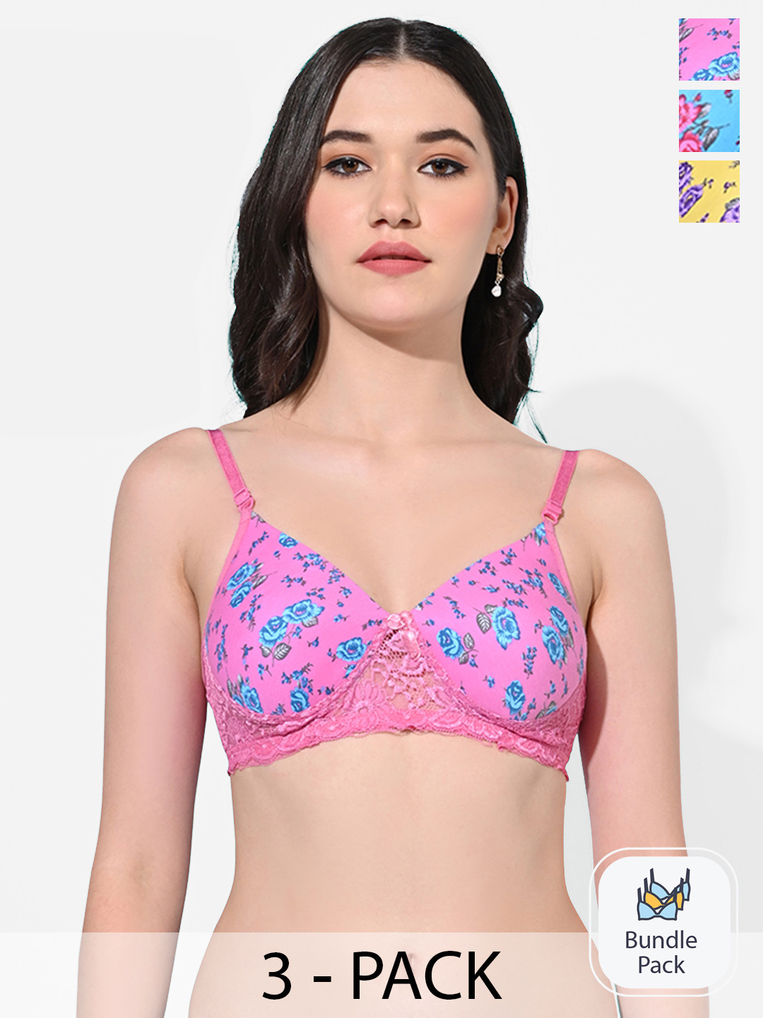 FIMS Pack of 3 Floral Dry Fit Lightly Padded Bra MTR_Printed_Pad_Bra_BluePinkYellow