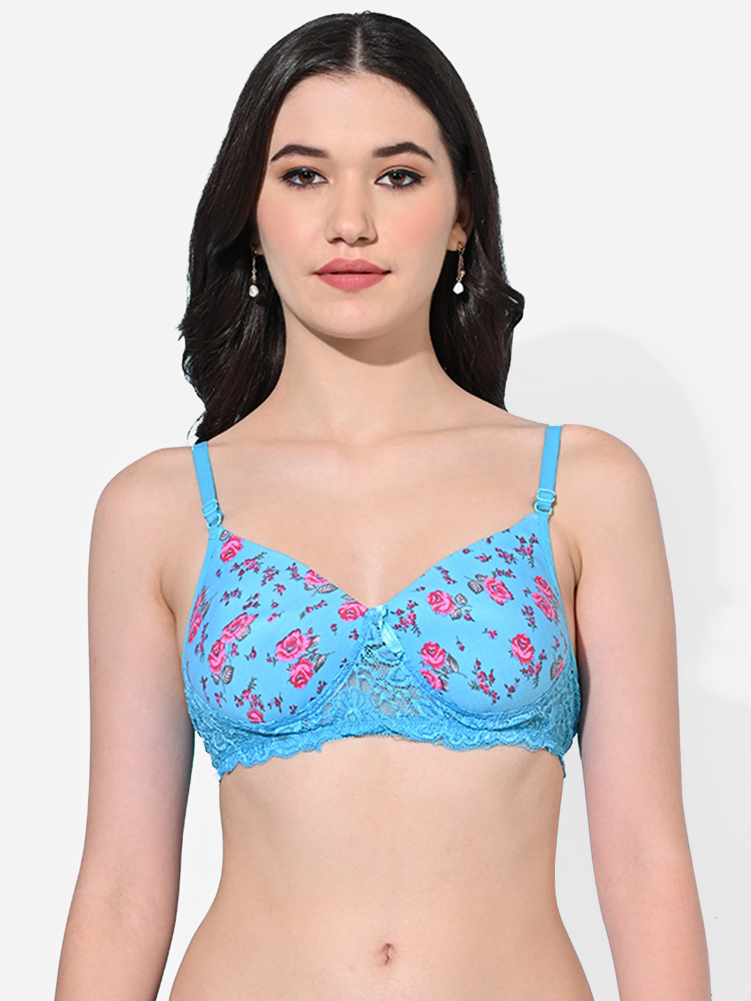 FIMS Blue & Pink Cotton Floral Dry Fit Lightly Padded Bra MTR_Printed_Pad_Bra_Blue_B