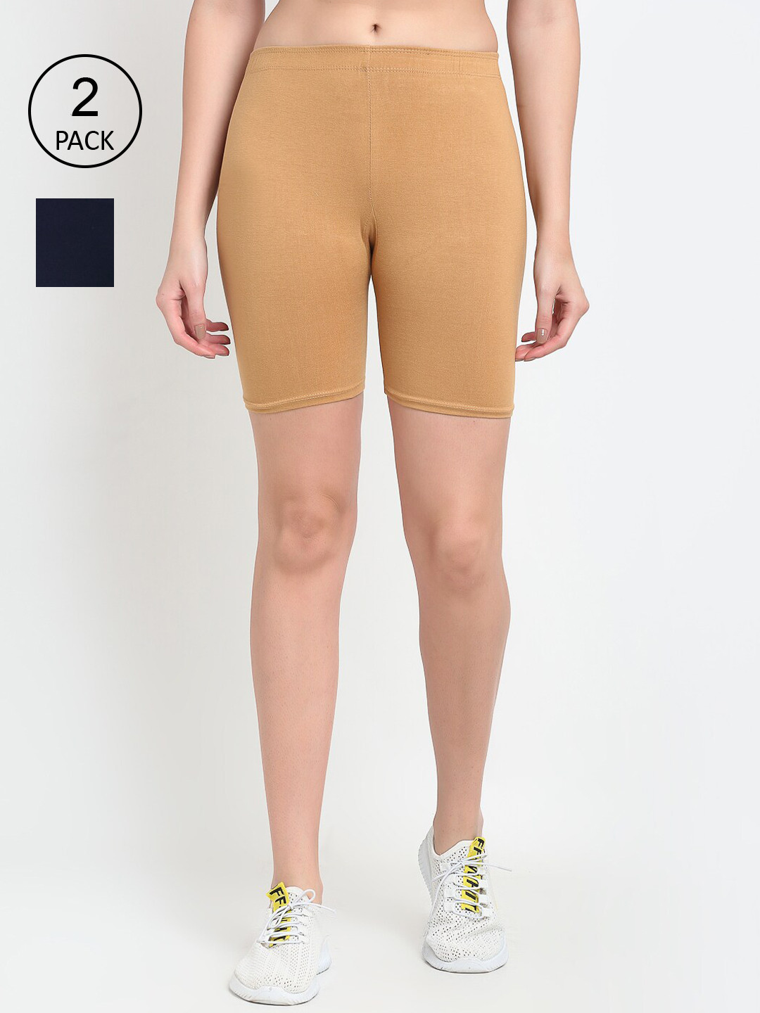 Jinfo Women Pack of 2 Beige & Navy Blue Solid Cycling Shorts