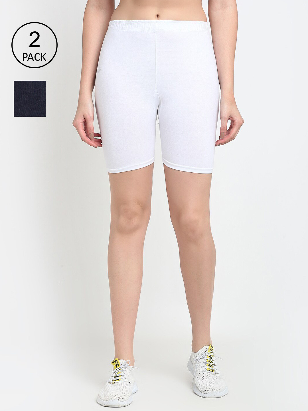 Jinfo Women Pack of 2 White & Navy Blue Solid Cycling Shorts