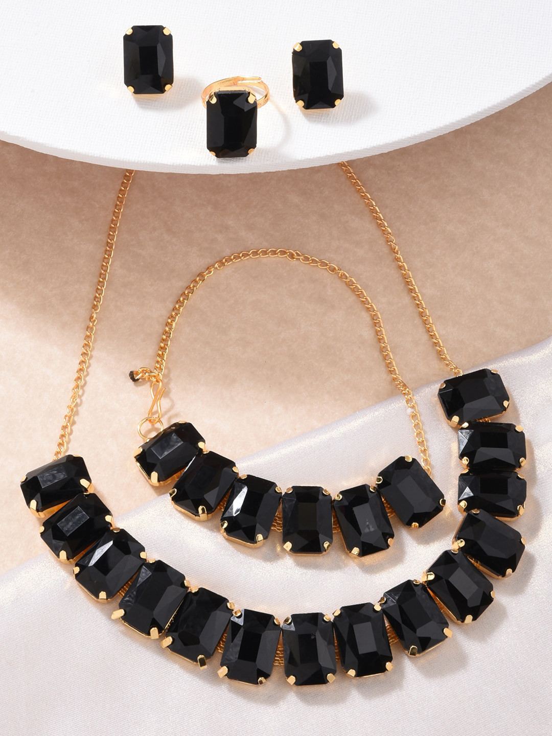 ToniQ Gold-Plated Black Artificial Stone Studded Jewellery Set